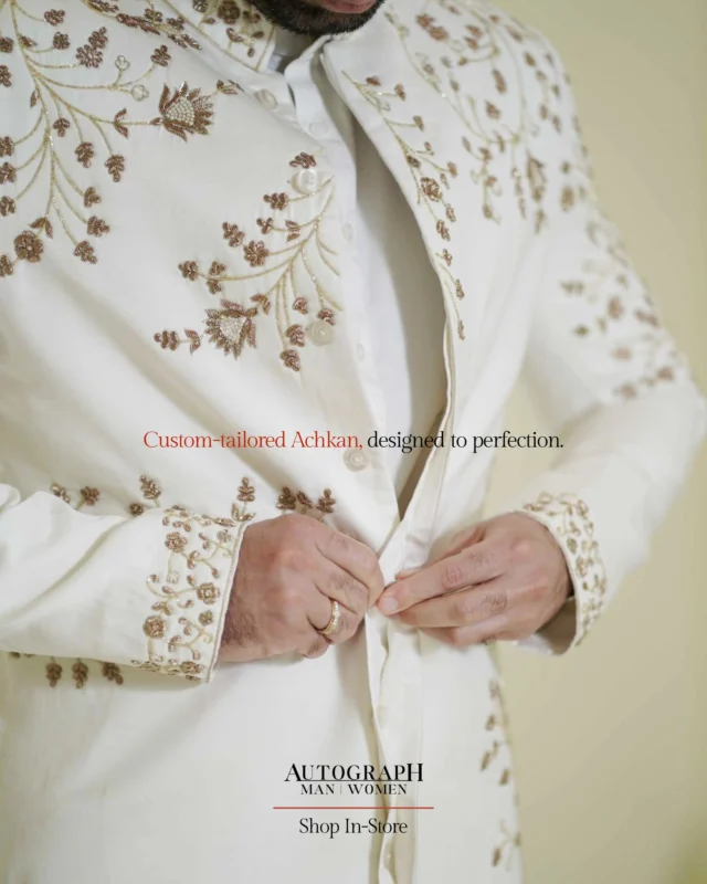 Elegance, stitched to your story.
Step into sophistication with our custom-tailored Achkans,
crafted with intricate detail and a flawless fit for your grandest moments.

👔 Exclusively at Autograph – because perfection deserves personalization.
Shop In-Store Now.

#AutographMan #CustomAchkan #TailoredElegance #MenswearLuxury #AutographStyle #MadeForYou #IndianGroomStyle #CraftedToImpress