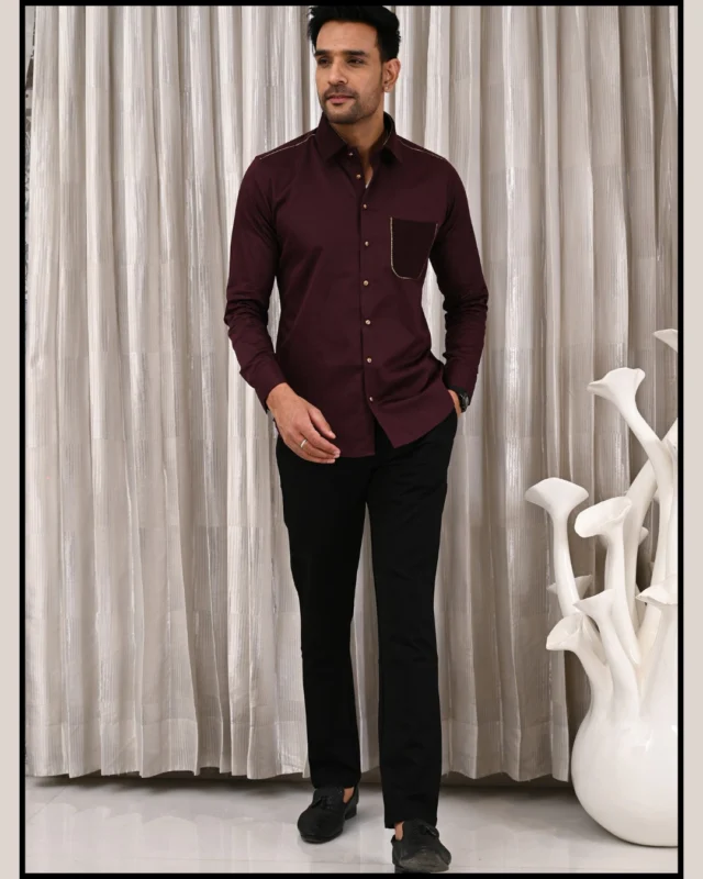 Bold. Rich. Refined. 🔥
Stand out in this maroon shirt with golden accents—perfect blend of class and comfort for any occasion.

#MensStyle #MaroonShirt #LuxuryLook #SmartMenswear #GoldenTouch #StyleStatement #MensFashionIndia #OOTDMen #DapperLook #WardrobeGoals #MensStyle #CloudGreyShirt #ModernElegance #SmartCasualLook #MenswearEssentials #StyleWithComfort #GeometricDetails #WardrobeUpgrade #ClassicWithATwist #CottonComfort