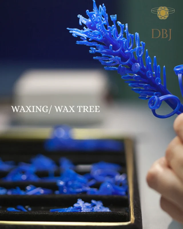 The next stage involved in the jewellery manufacturing process is the production of wax pieces. The wax pieces are produced from rubber moulds made of silver master. The process of waxing involves placing the rubber mould on the commercial wax injector machine and then pressure injected into the cavity in order to create wax models. These wax models are being used for casting. The wax pieces on a wax stem are being soldered which is called ‘treeing’. The treeing is the process where a spruce is attached to every wax piece, making an angle of approx. 45 degree with the stem. The lighter items are placed at the top of the tree, while the heavier ones are placed at the bottom of the tree.