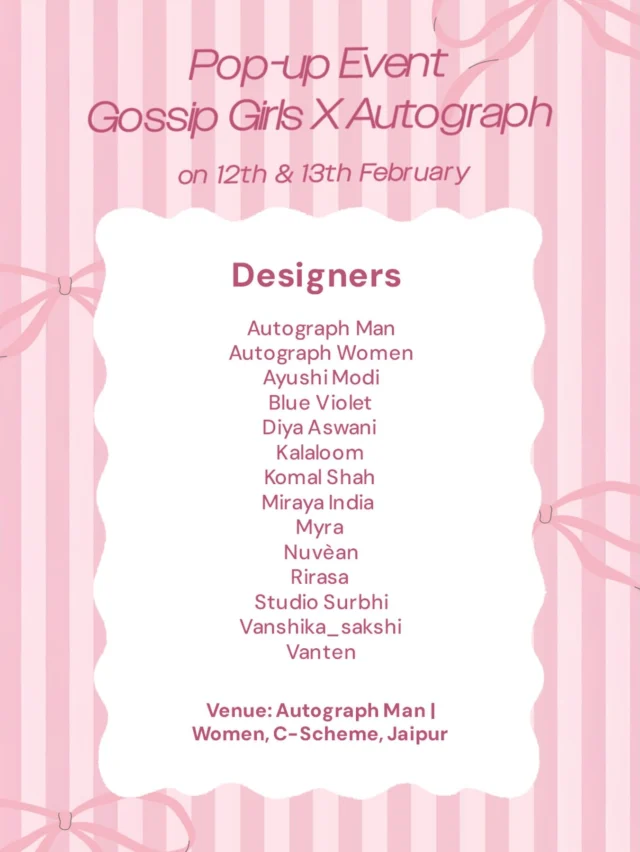 All your favourite designers. 💖
One pop-up. 🛍️
Gossip Girls x Autograph ✨
12th & 13th Feb | Jaipur 📍[Jaipur pop up, designer pop up Jaipur, Gossip Girls Jaipur, Autograph Man Women, women fashion Jaipur]#gossipgirls #autographman #jaipurpopup #designerpopup #valentinesedit